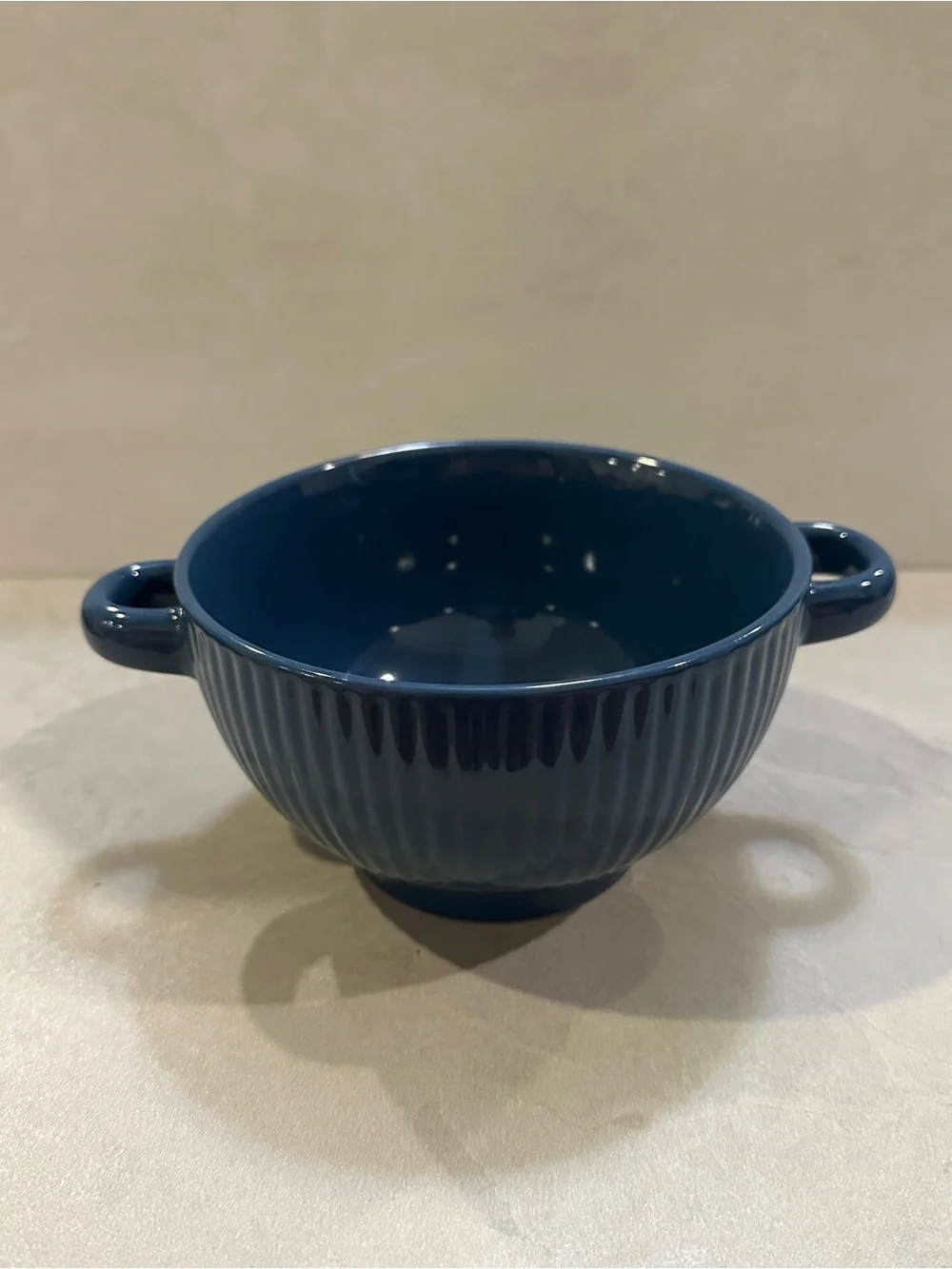 Stoneware Double Handle Soup Bowl, Deep Navy, Ribbed EUC